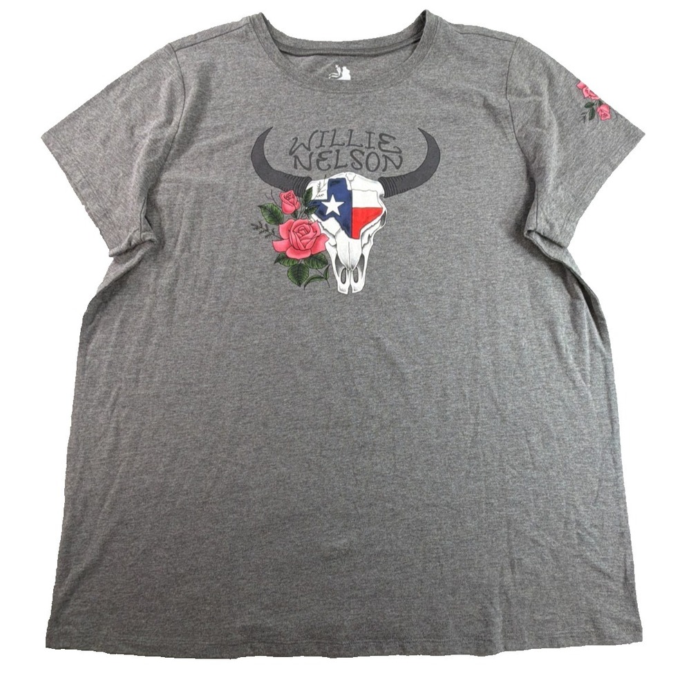 Willie Nelson Womens 2XL Gray Texas Flag Bull Skull Roses Country Music Tee Shir